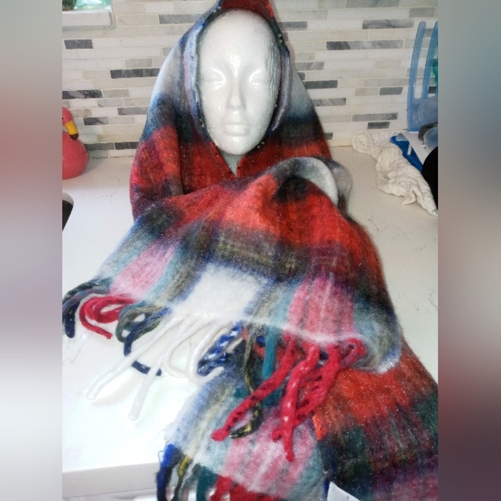 J. Crew Oversized Plaid Super Soft Winter Knit Scarf w Fringe 78" X 14"